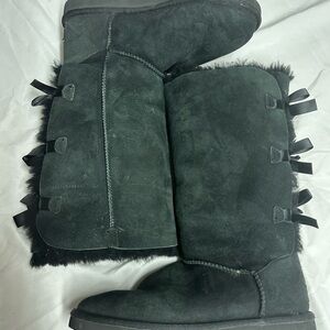 UGG Classic Black Suede Tall Winter Boots with Back Ribbon Detail